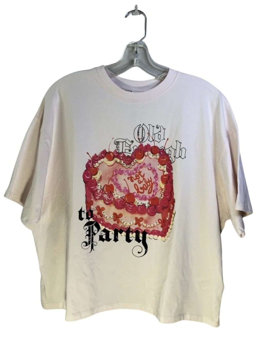 Bershka Oversized Boxy Light Pink “Old Enough to Party” Graphic Tee